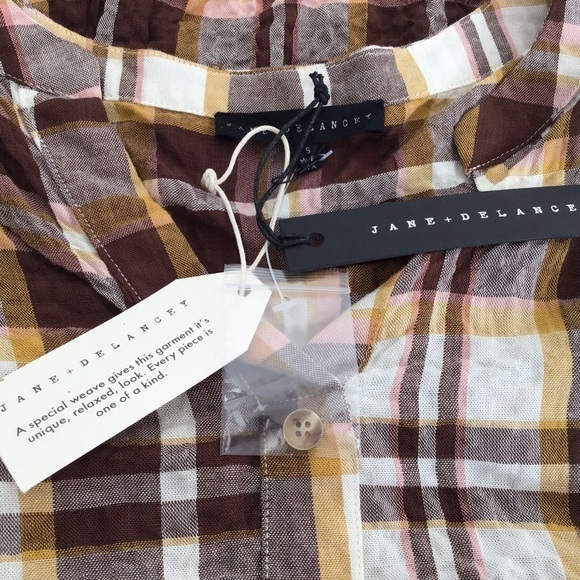 Jane & Delancey brown plaid wrinkled rayon open neck long sleeve tunic S -M NWT - Picture 5 of 7